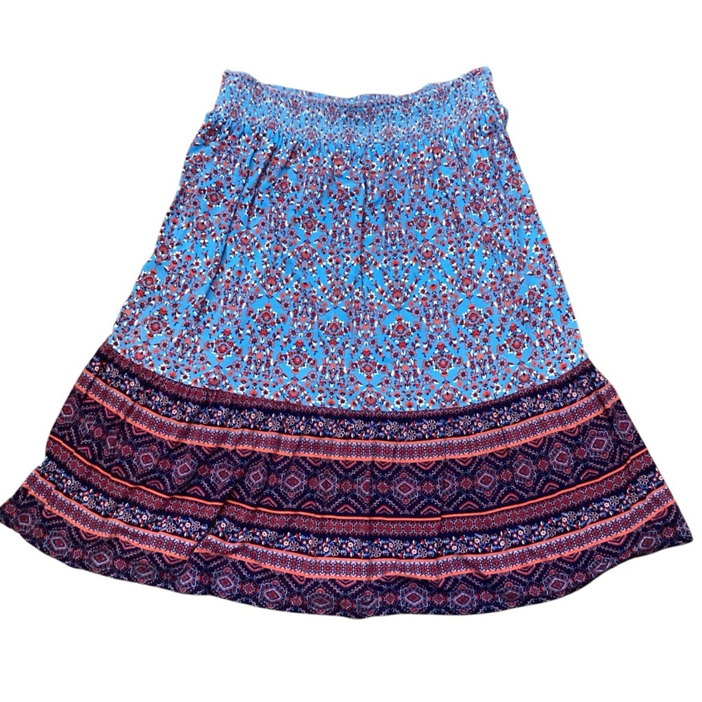 JC Penney Mixed Pattern Pull On Swing Skirt Smocked Waist Medium